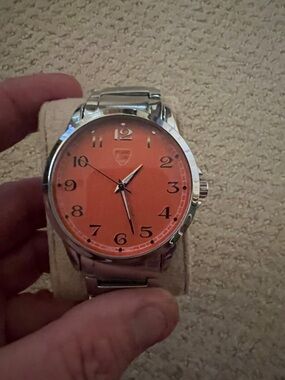 Men's Stainless Steel Watch with Orange Dial